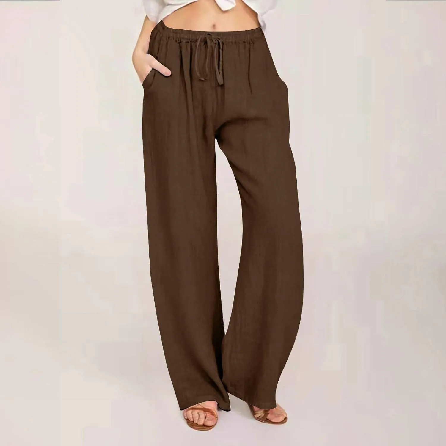 Linen Pants Women Summer Wide Leg Pants Drawstring Elastic Waist Pants High Waisted Lounge Pants Casual Beach Trousers
