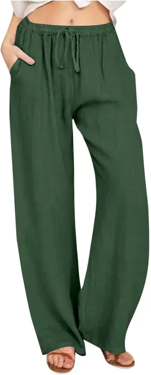 Linen Pants Women Summer Wide Leg Pants Drawstring Elastic Waist Pants High Waisted Lounge Pants Casual Beach Trousers