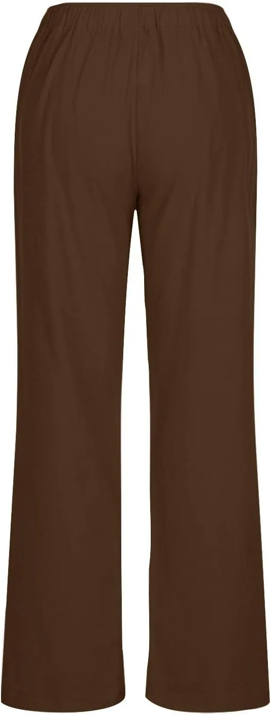 Linen Pants Women Summer Wide Leg Pants Drawstring Elastic Waist Pants High Waisted Lounge Pants Casual Beach Trousers