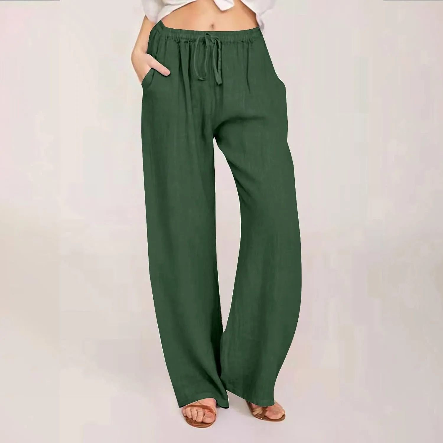Linen Pants Women Summer Wide Leg Pants Drawstring Elastic Waist Pants High Waisted Lounge Pants Casual Beach Trousers