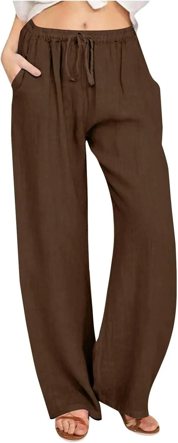 Linen Pants Women Summer Wide Leg Pants Drawstring Elastic Waist Pants High Waisted Lounge Pants Casual Beach Trousers