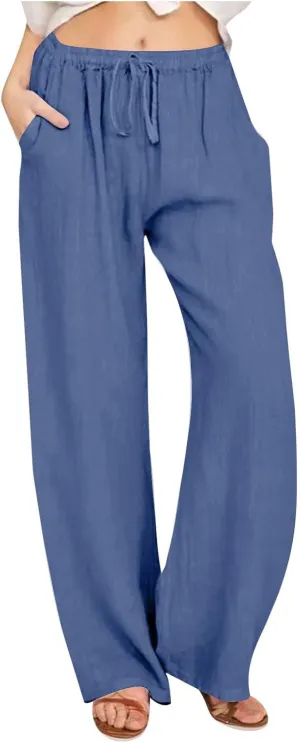 Linen Pants Women Summer Wide Leg Pants Drawstring Elastic Waist Pants High Waisted Lounge Pants Casual Beach Trousers