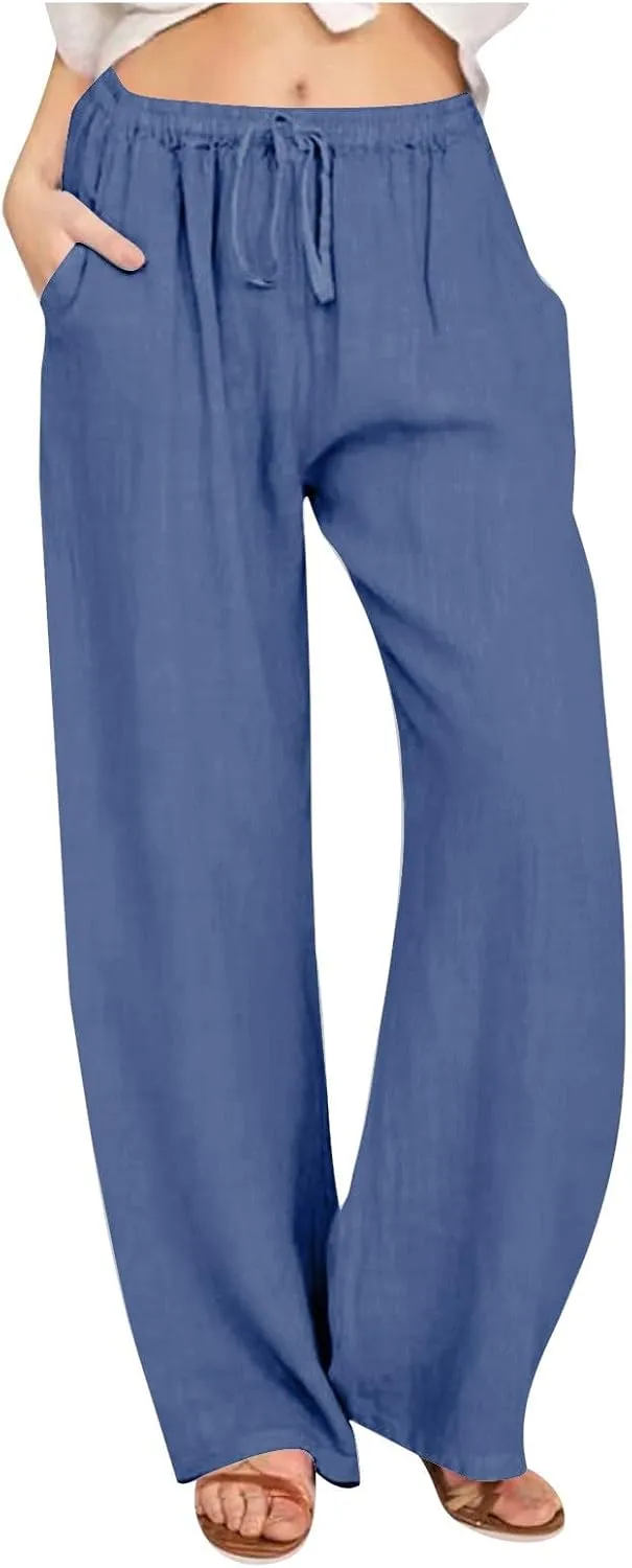 Linen Pants Women Summer Wide Leg Pants Drawstring Elastic Waist Pants High Waisted Lounge Pants Casual Beach Trousers