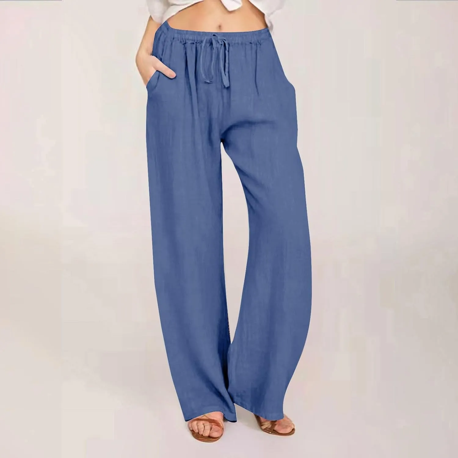 Linen Pants Women Summer Wide Leg Pants Drawstring Elastic Waist Pants High Waisted Lounge Pants Casual Beach Trousers