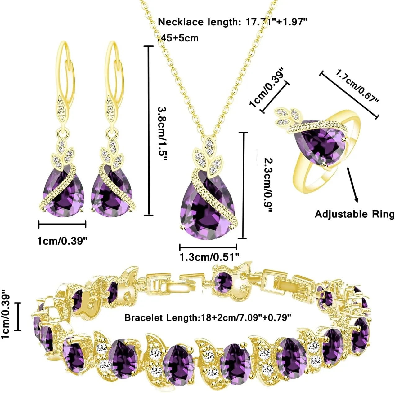 LMXXVJ Jewelry Set for Women,Teardrop Cubic Zirconia Necklace Earrings Adjustable Ring Bracelet Jewelry Set Formal Jewelry Gift