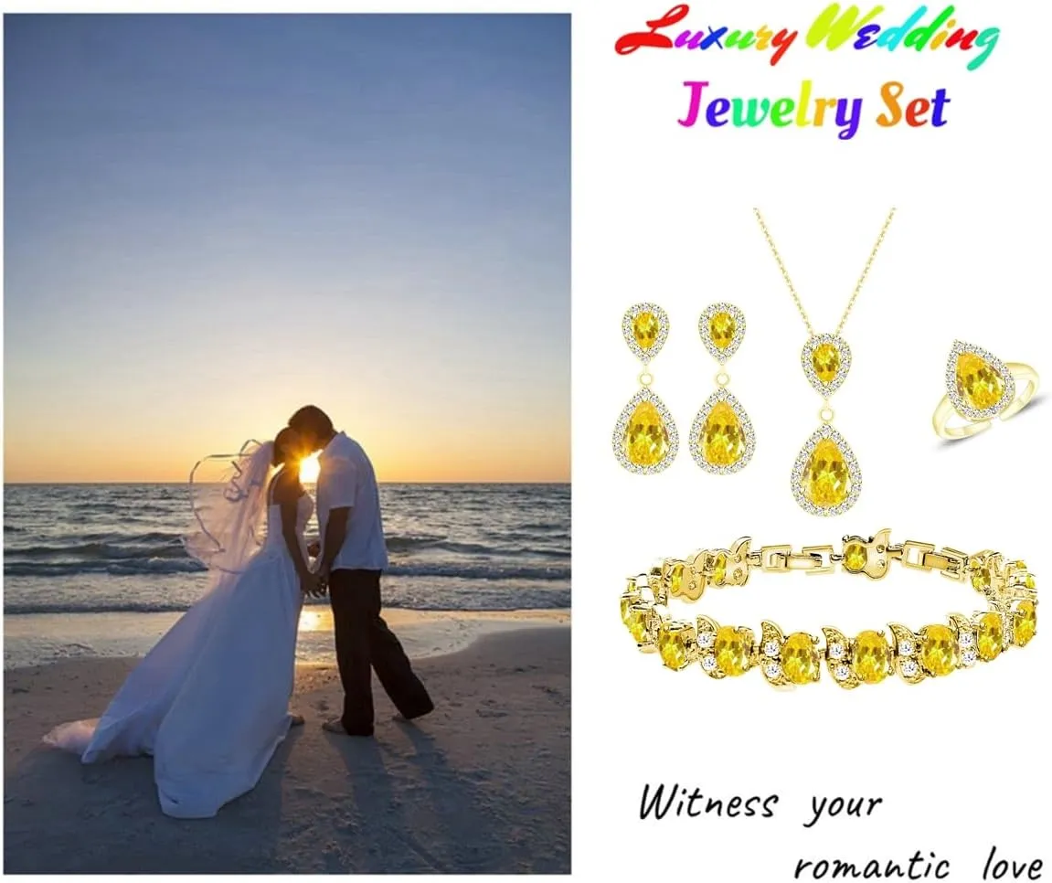 LMXXVJ Jewelry Set for Women,Teardrop Cubic Zirconia Necklace Earrings Adjustable Ring Bracelet Jewelry Set Formal Jewelry Gift