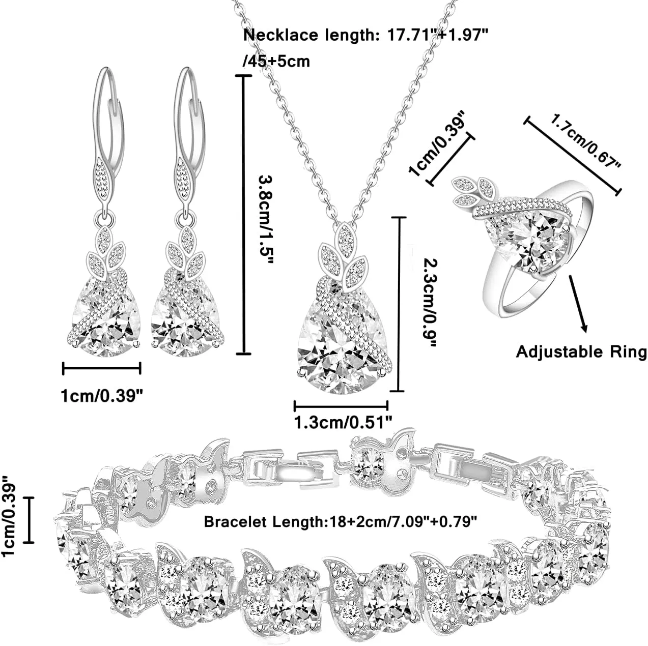 LMXXVJ Jewelry Set for Women,Teardrop Cubic Zirconia Necklace Earrings Adjustable Ring Bracelet Jewelry Set Formal Jewelry Gift