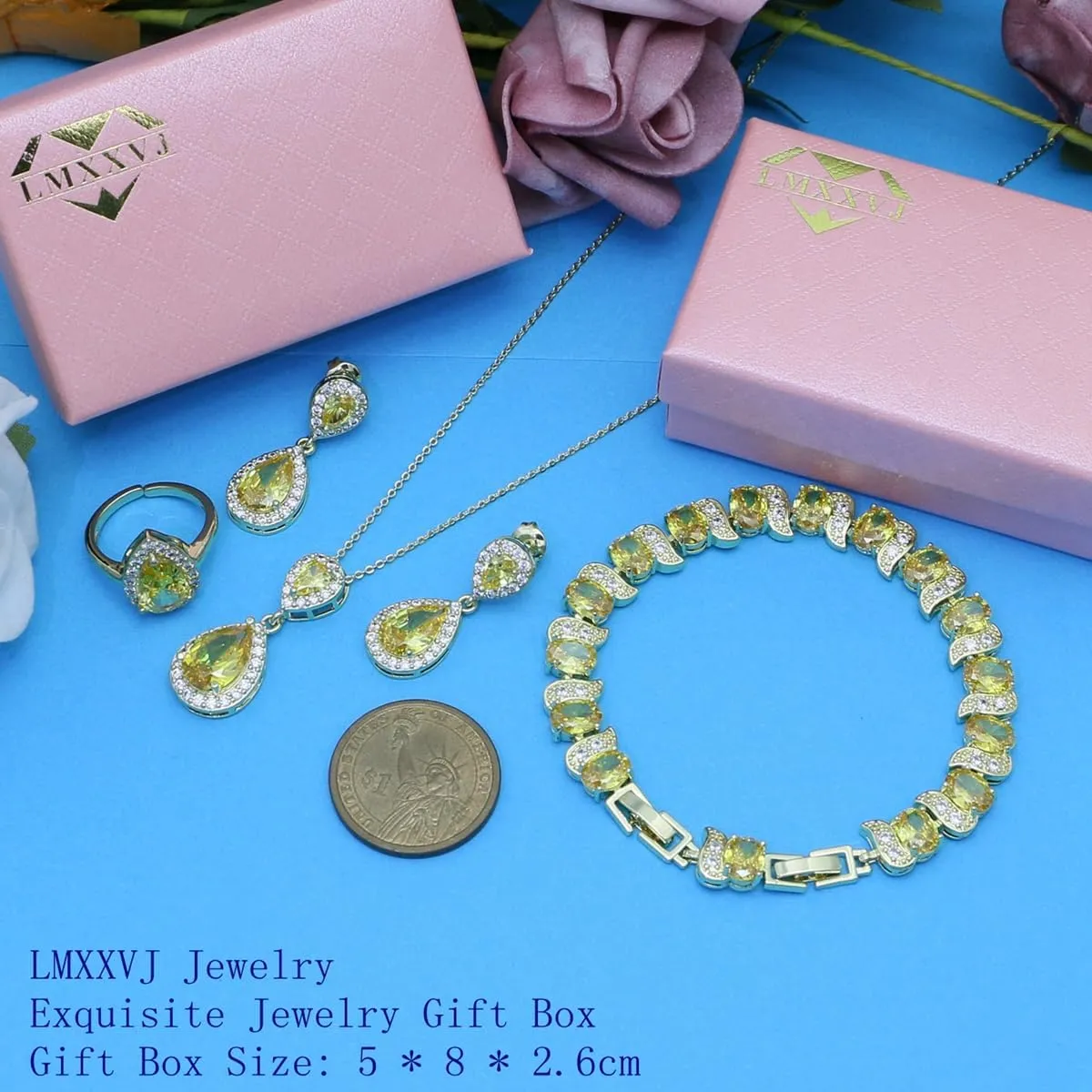 LMXXVJ Jewelry Set for Women,Teardrop Cubic Zirconia Necklace Earrings Adjustable Ring Bracelet Jewelry Set Formal Jewelry Gift
