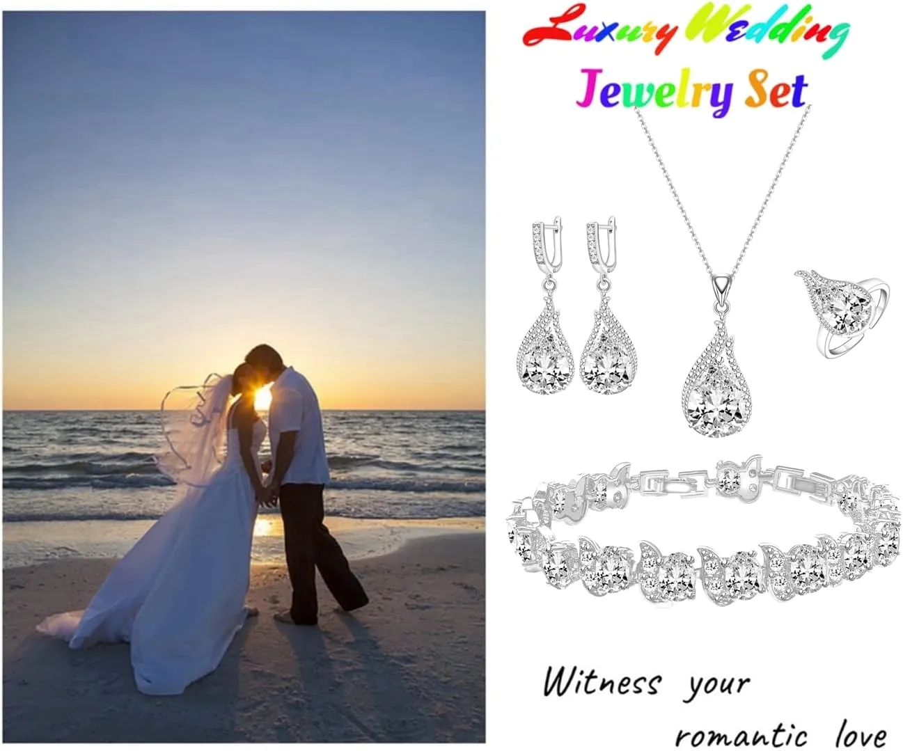 LMXXVJ Jewelry Set for Women,Teardrop Cubic Zirconia Necklace Earrings Adjustable Ring Bracelet Jewelry Set Formal Jewelry Gift