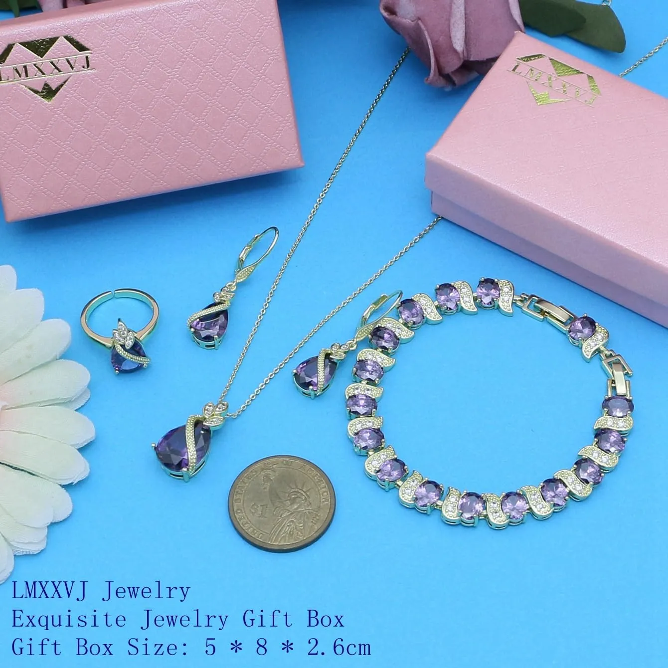LMXXVJ Jewelry Set for Women,Teardrop Cubic Zirconia Necklace Earrings Adjustable Ring Bracelet Jewelry Set Formal Jewelry Gift