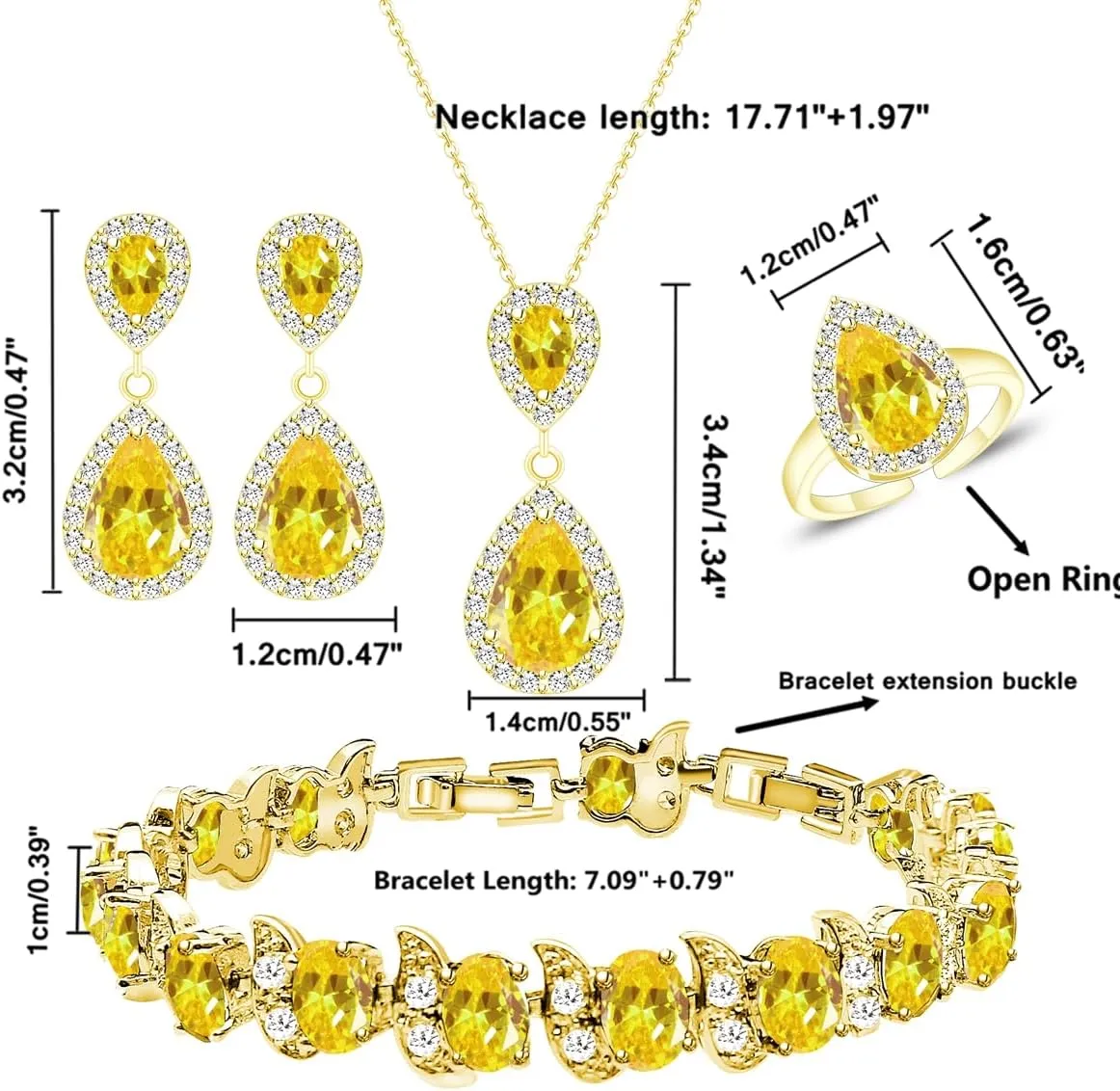 LMXXVJ Jewelry Set for Women,Teardrop Cubic Zirconia Necklace Earrings Adjustable Ring Bracelet Jewelry Set Formal Jewelry Gift