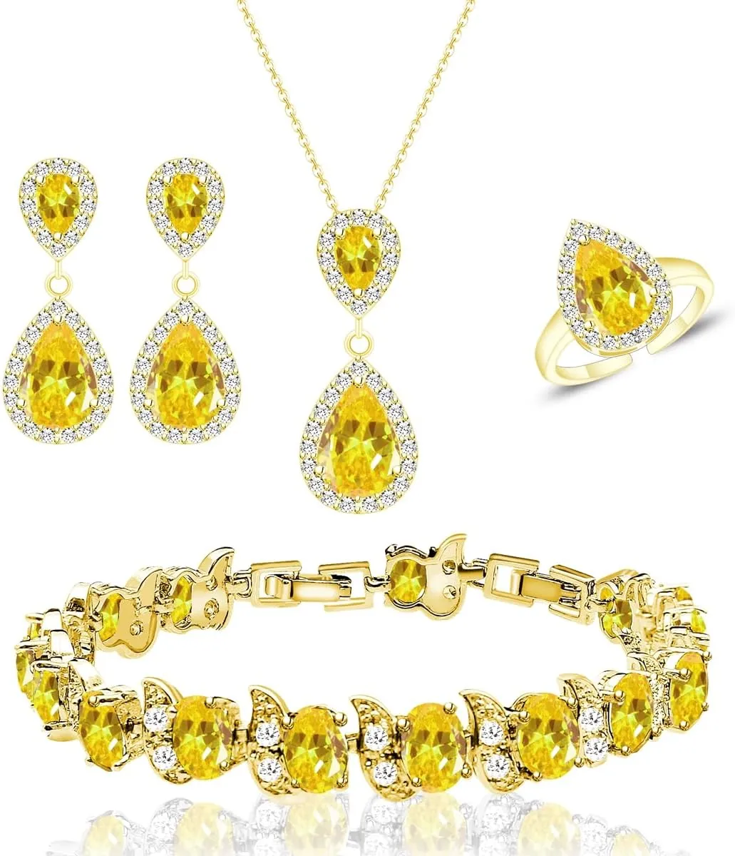 LMXXVJ Jewelry Set for Women,Teardrop Cubic Zirconia Necklace Earrings Adjustable Ring Bracelet Jewelry Set Formal Jewelry Gift