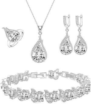 LMXXVJ Jewelry Set for Women,Teardrop Cubic Zirconia Necklace Earrings Adjustable Ring Bracelet Jewelry Set Formal Jewelry Gift