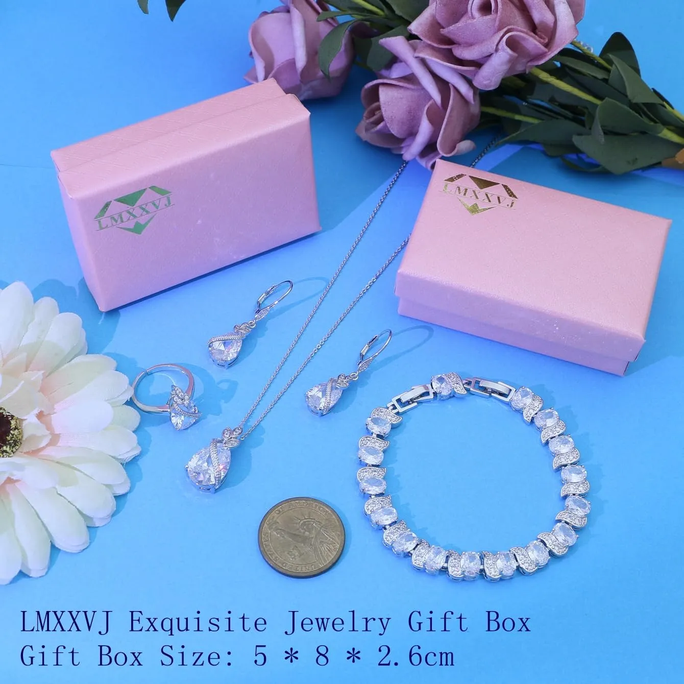 LMXXVJ Jewelry Set for Women,Teardrop Cubic Zirconia Necklace Earrings Adjustable Ring Bracelet Jewelry Set Formal Jewelry Gift