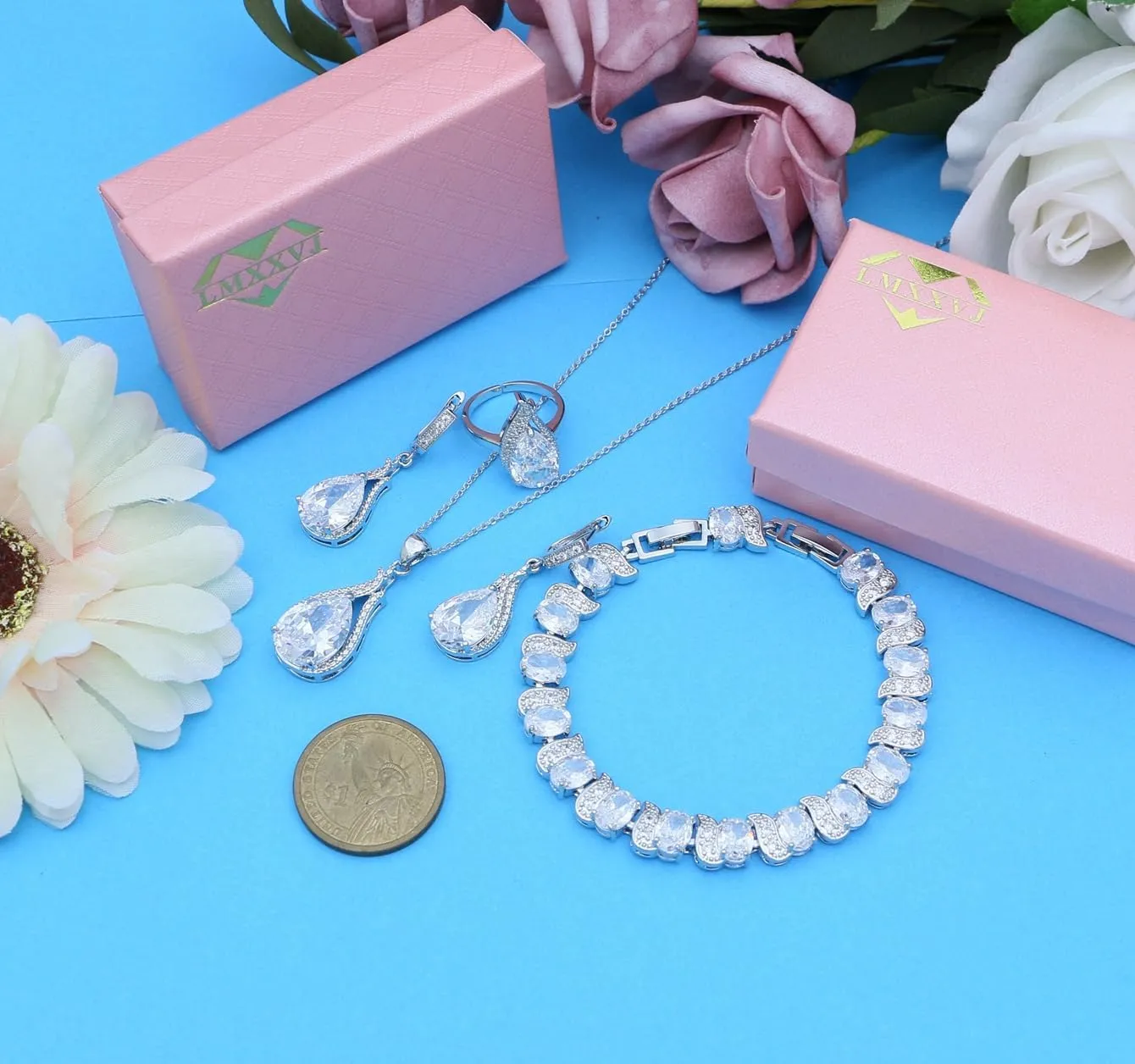 LMXXVJ Jewelry Set for Women,Teardrop Cubic Zirconia Necklace Earrings Adjustable Ring Bracelet Jewelry Set Formal Jewelry Gift