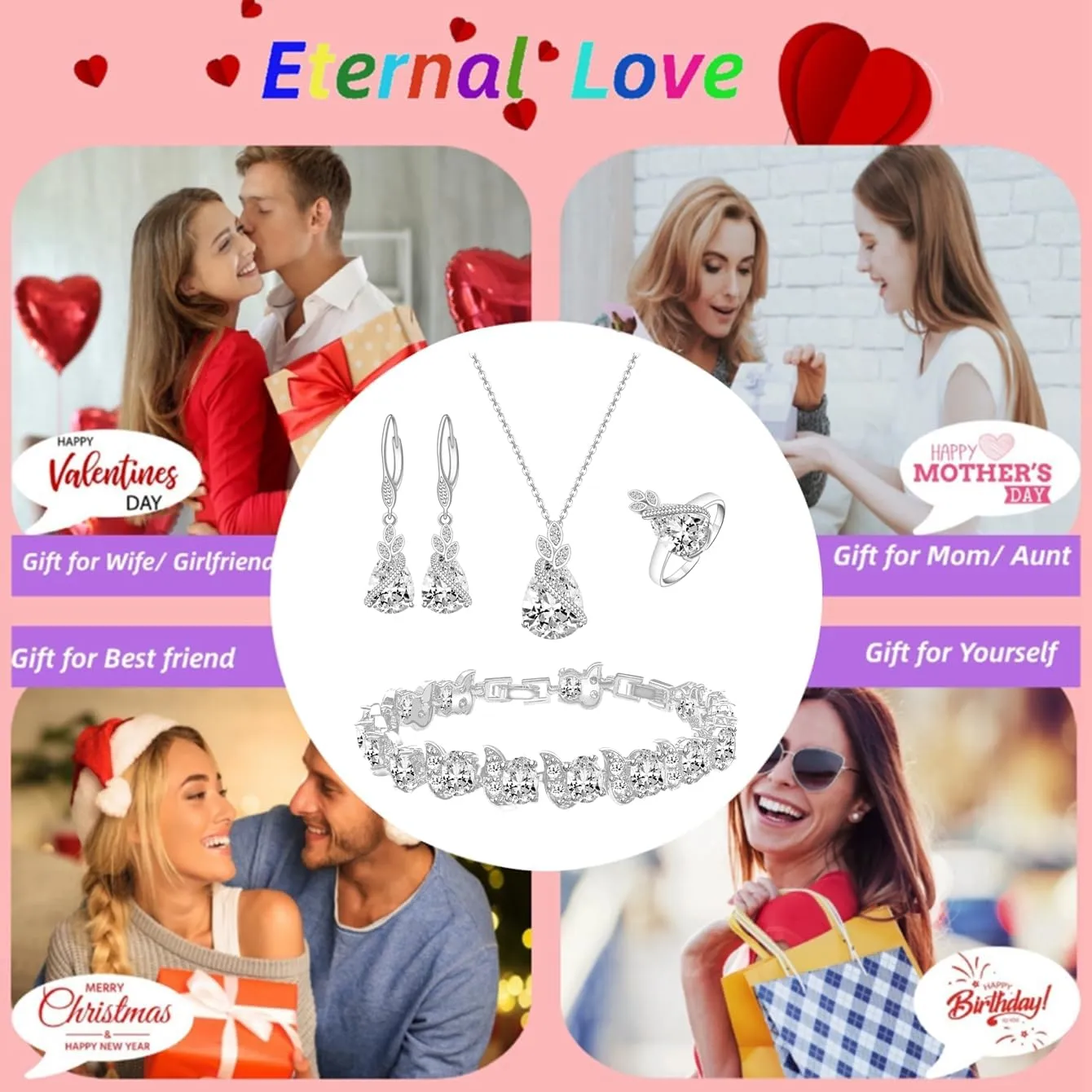 LMXXVJ Jewelry Set for Women,Teardrop Cubic Zirconia Necklace Earrings Adjustable Ring Bracelet Jewelry Set Formal Jewelry Gift