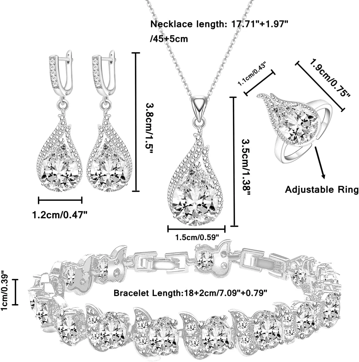 LMXXVJ Jewelry Set for Women,Teardrop Cubic Zirconia Necklace Earrings Adjustable Ring Bracelet Jewelry Set Formal Jewelry Gift