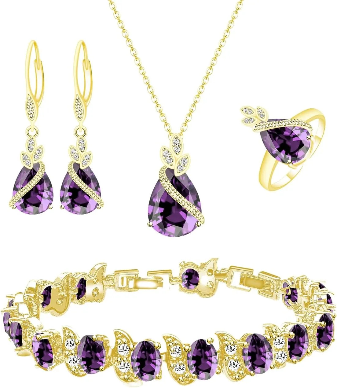LMXXVJ Jewelry Set for Women,Teardrop Cubic Zirconia Necklace Earrings Adjustable Ring Bracelet Jewelry Set Formal Jewelry Gift