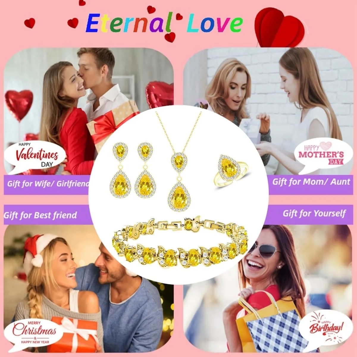 LMXXVJ Jewelry Set for Women,Teardrop Cubic Zirconia Necklace Earrings Adjustable Ring Bracelet Jewelry Set Formal Jewelry Gift