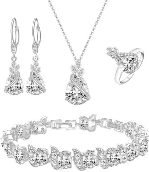 LMXXVJ Jewelry Set for Women,Teardrop Cubic Zirconia Necklace Earrings Adjustable Ring Bracelet Jewelry Set Formal Jewelry Gift