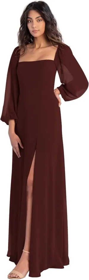 Long Sleeve Chiffon Bridesmaid Dresses for Wedding Square Neck A Line Formal Evening Dress for Women with Slit