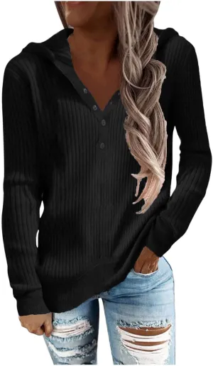 Long Sleeve Going Out Tops for Women Solid Button Hoodies Casual Comfy Fitted Sweat Shirts with Pockets