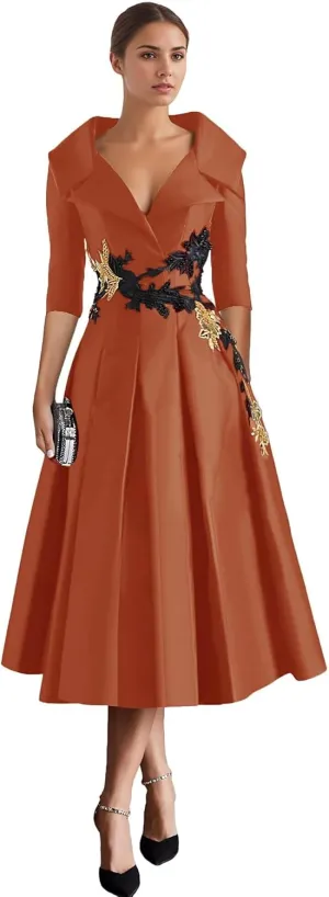Long Sleeve Mother of The Bride Dresses Tea Length Prom Dress Applique Satin Formal Evening Gowns with Pockets