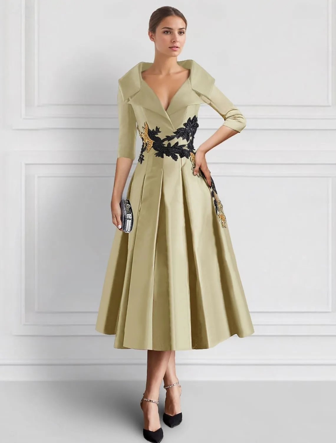Long Sleeve Mother of The Bride Dresses Tea Length Prom Dress Applique Satin Formal Evening Gowns with Pockets