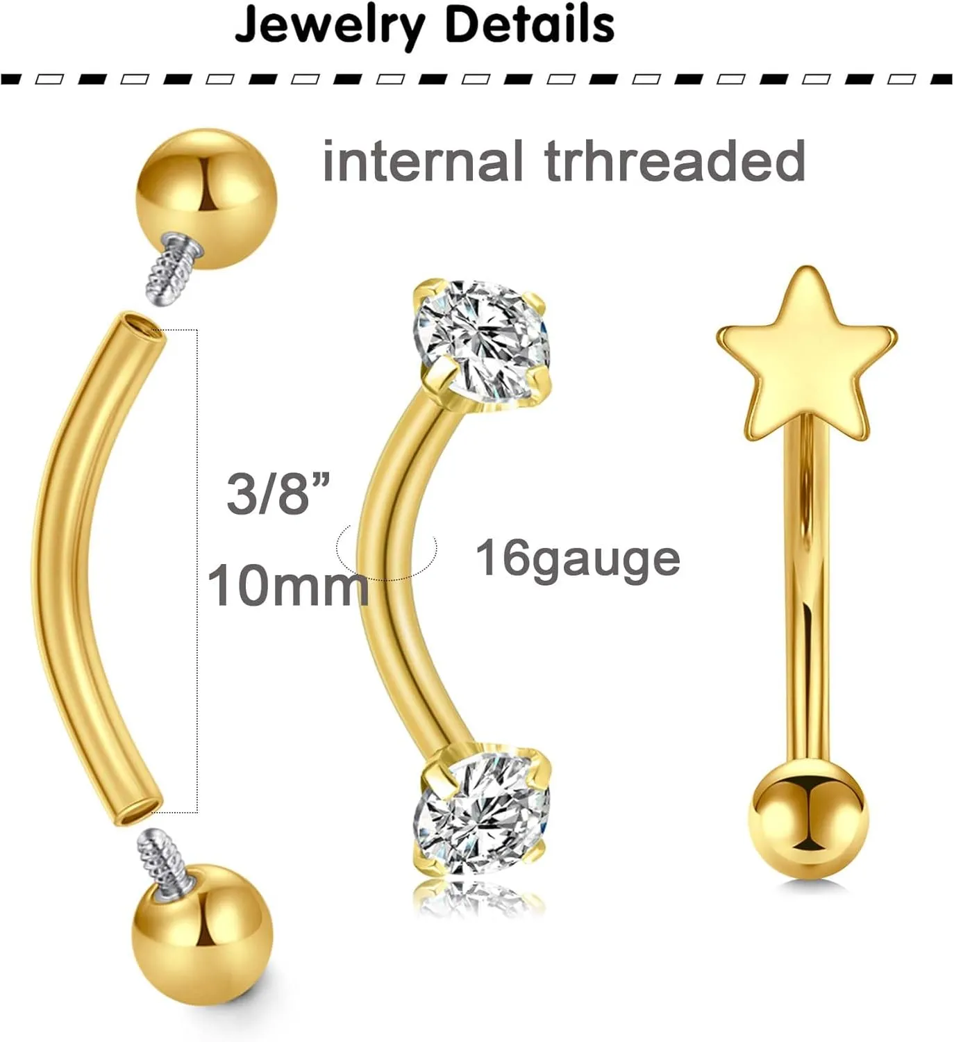 Longita Rook Piercing Jewelry Rook Jewelry Rook Earrings Surgical Steel Silver Gold Eyebrow Piercing Jewelry Internally Threaded Eyebrow Rings 16g Vertical Labret Lip Jewelry 8mm 10mm