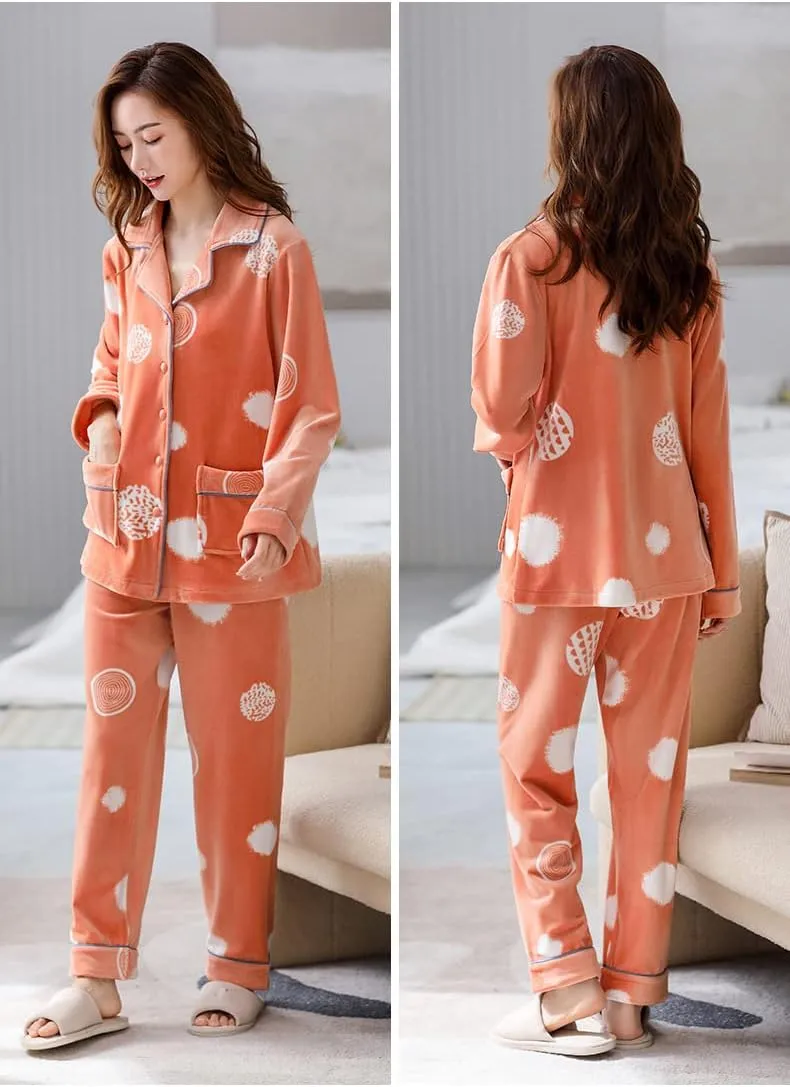 LUBOSE Women's Flannel Pajamas Loungewear Set Loungewear 2 Piece Pajamas Button Loungewear Thermal Pajamas(XL, Orange)