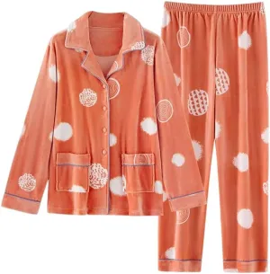 LUBOSE Women's Flannel Pajamas Loungewear Set Loungewear 2 Piece Pajamas Button Loungewear Thermal Pajamas(XL, Orange)