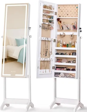 LUXFURNI LED Mirror Jewelry Cabinet Standing Jewelry Armoire, 60" Full Length Mirror with Jewelry Storage, 3 Color Modes, 3 Adjustable Angles, Lockable Jewelry Organizer Mirror, White