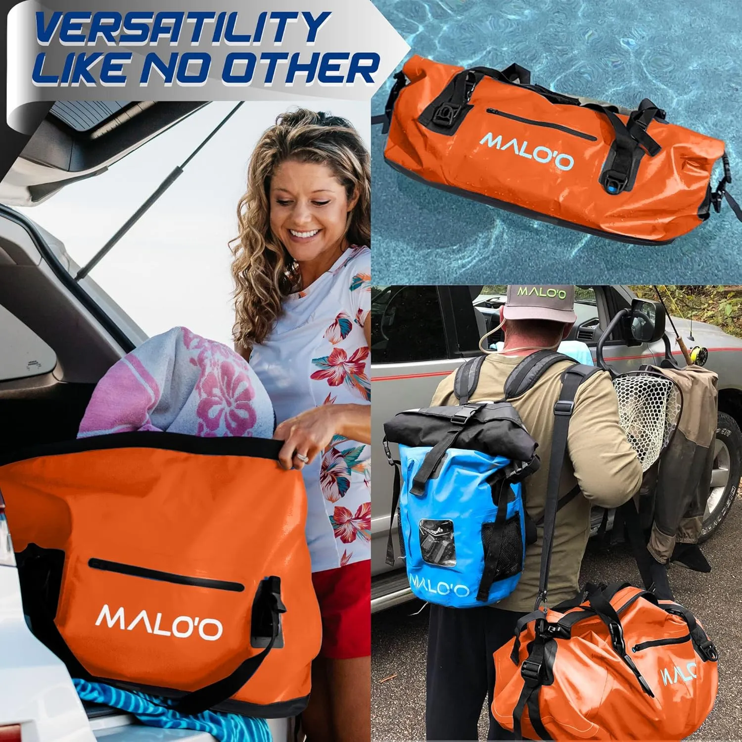 Malo'o Waterproof Dry Bag Duffel 40L/60L/100L, Roll Top Duffel Keeps Gear Dry for Kayaking, Rafting, Boating, Swimming, Camping, Hiking, Beach, Fishing - Internal & External Pockets and Molle Loops