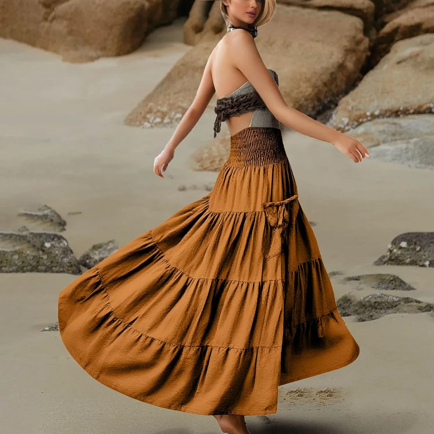 Maxi Boho Skirt Dresses for Women Long Cotton Hippie Bohemian Elastic Waist Gypsy Skirt Adjustable Dress Pockets
