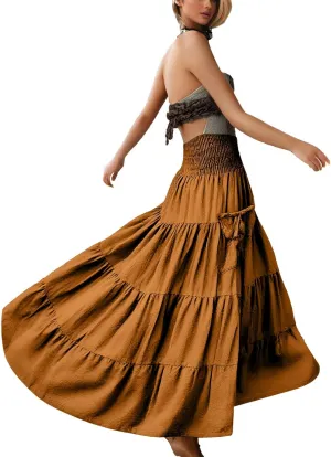 Maxi Boho Skirt Dresses for Women Long Cotton Hippie Bohemian Elastic Waist Gypsy Skirt Adjustable Dress Pockets