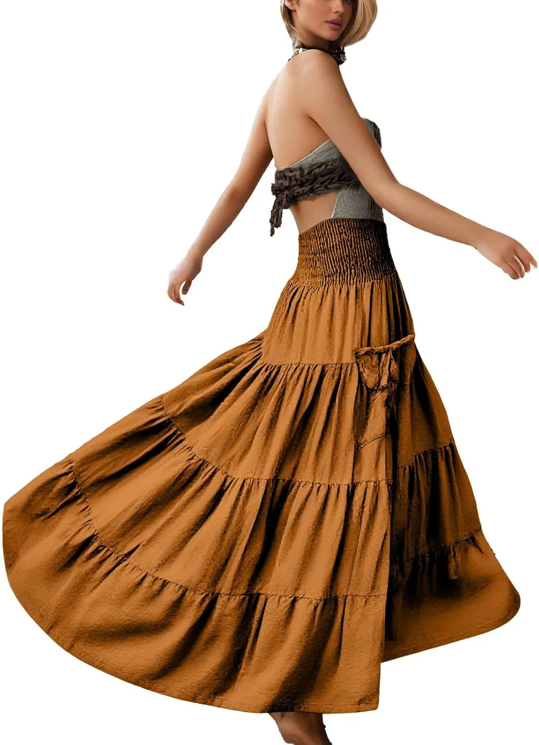 Maxi Boho Skirt Dresses for Women Long Cotton Hippie Bohemian Elastic Waist Gypsy Skirt Adjustable Dress Pockets