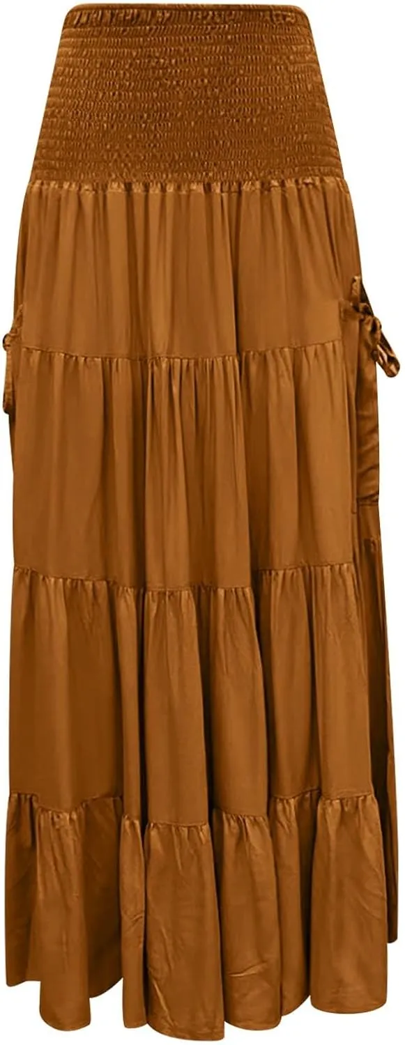 Maxi Boho Skirt Dresses for Women Long Cotton Hippie Bohemian Elastic Waist Gypsy Skirt Adjustable Dress Pockets
