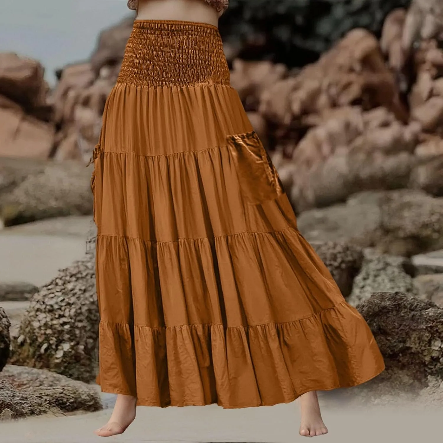 Maxi Boho Skirt Dresses for Women Long Cotton Hippie Bohemian Elastic Waist Gypsy Skirt Adjustable Dress Pockets