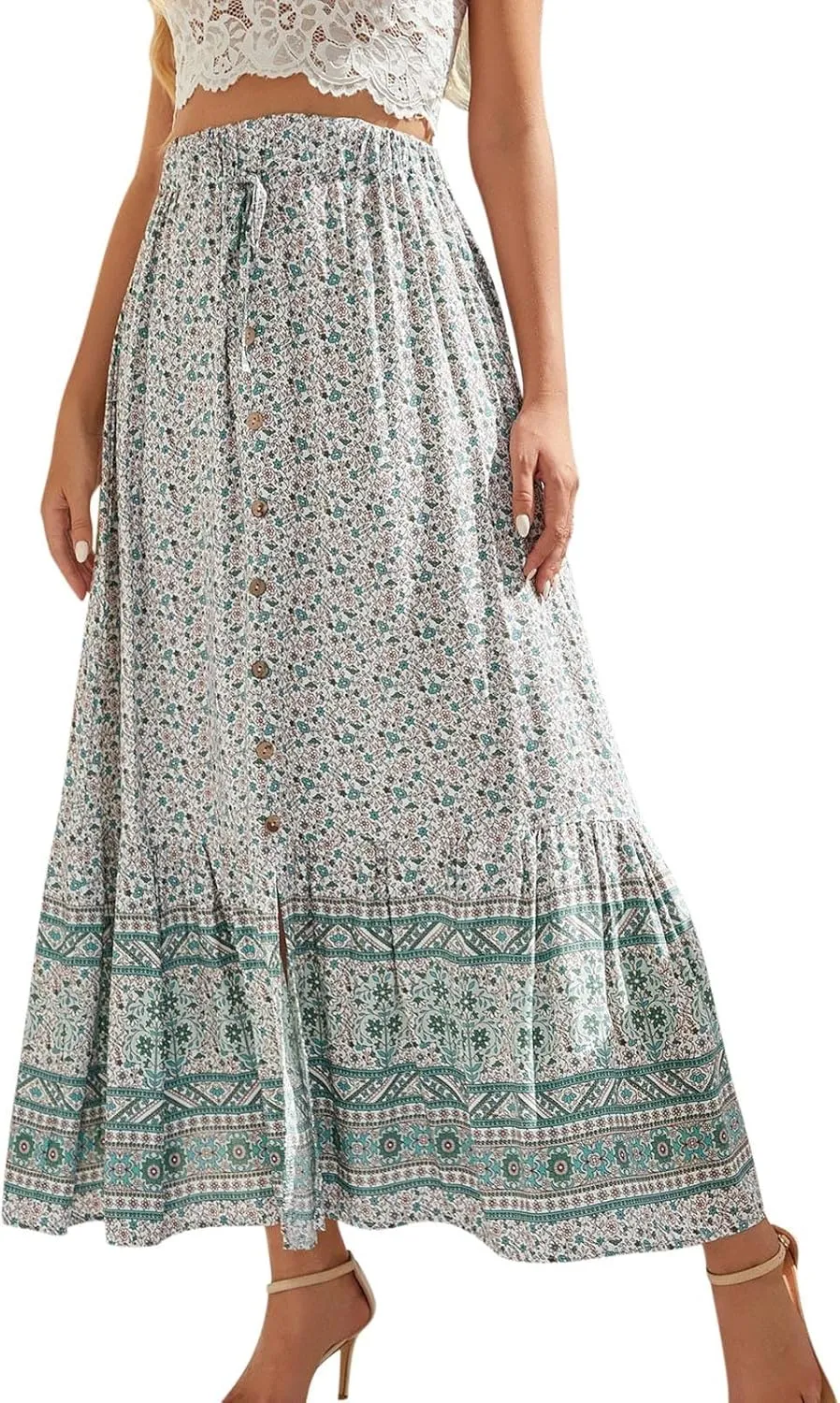 Maxi Skirts Printed Swing Skirt Cotton Women Vintage Slit Button Vacation Breasted Skirt Long Skirts for Women