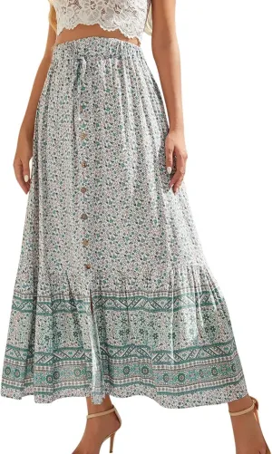Maxi Skirts Printed Swing Skirt Cotton Women Vintage Slit Button Vacation Breasted Skirt Long Skirts for Women