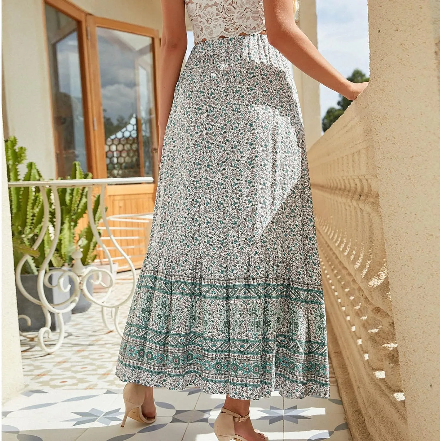 Maxi Skirts Printed Swing Skirt Cotton Women Vintage Slit Button Vacation Breasted Skirt Long Skirts for Women