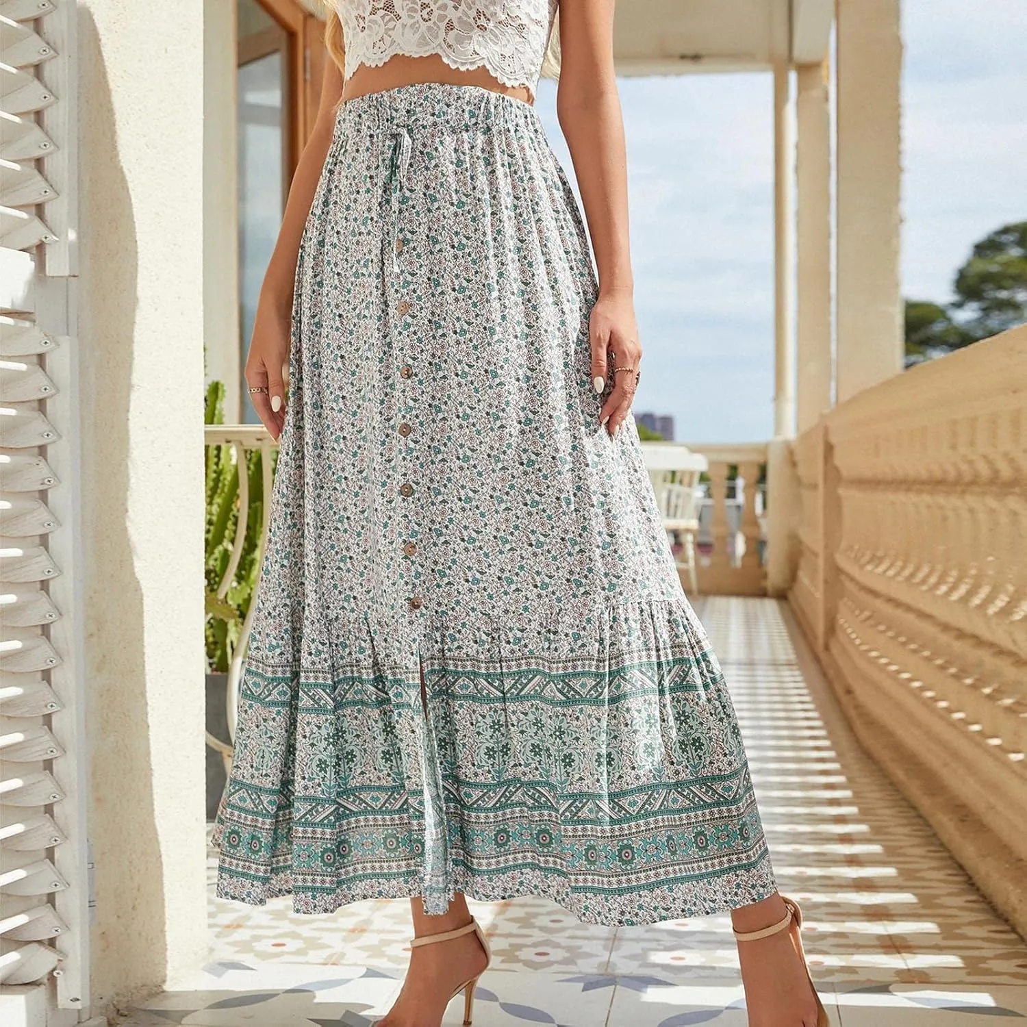 Maxi Skirts Printed Swing Skirt Cotton Women Vintage Slit Button Vacation Breasted Skirt Long Skirts for Women