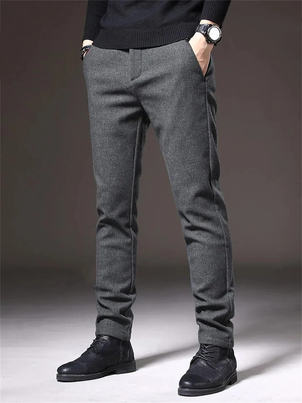 Men's Autumn Inter Casual Pants Business Fashion Slim Fit Stretch Thick Cotton Trousers