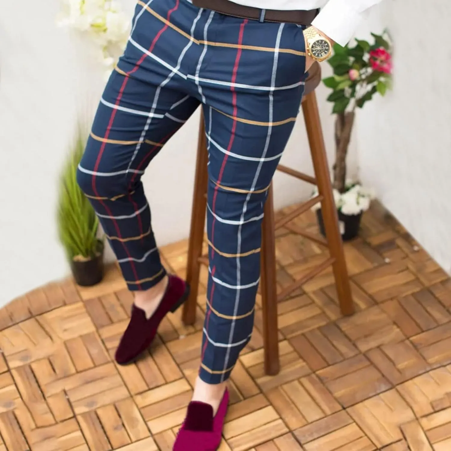 Mens Dress Pants, Mens Plaid Stretch Dress Pants Slim Fit Skinny Chino Pants Tapered Business Casual Pencil Pants