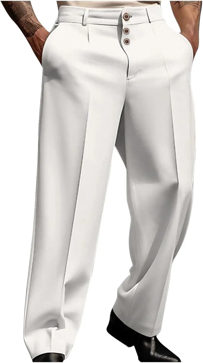 Mens Dress Pants Trendy 3 Button Formal Business Pants Gentleman Work Suit Pants Bridegroom Wedding Guest Party Pants