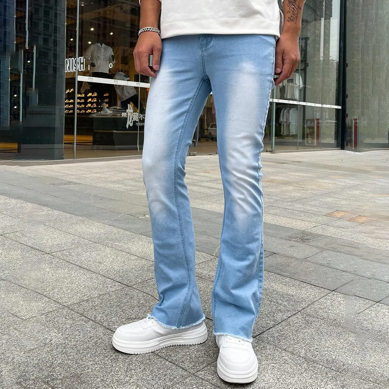Mens Jeans Stretch Waistband Classic Denim Jeans Comfortable Flexible Pants Relaxed Wide Leg Denim Trouser Streetwear