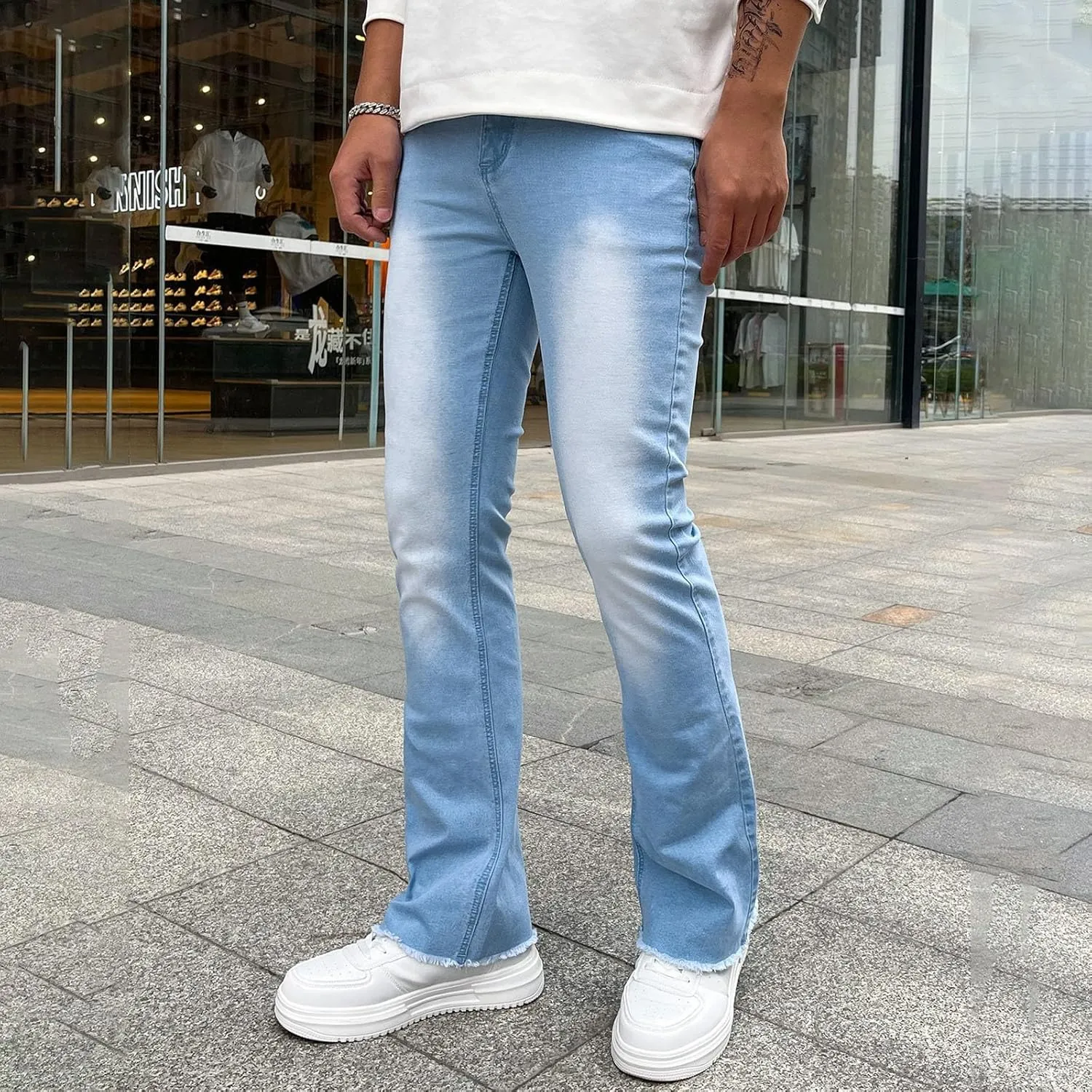 Mens Jeans Stretch Waistband Classic Denim Jeans Comfortable Flexible Pants Relaxed Wide Leg Denim Trouser Streetwear