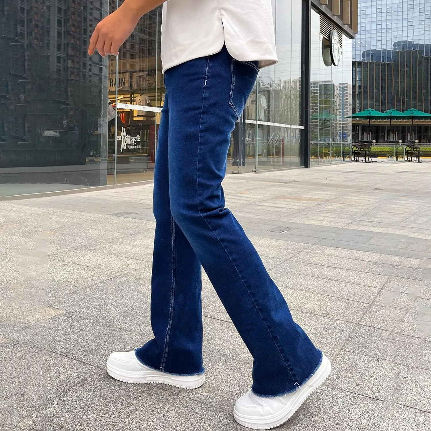 Mens Jeans Stretch Waistband Classic Denim Jeans Comfortable Flexible Pants Relaxed Wide Leg Denim Trouser Streetwear