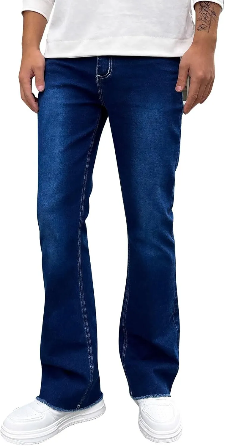 Mens Jeans Stretch Waistband Classic Denim Jeans Comfortable Flexible Pants Relaxed Wide Leg Denim Trouser Streetwear