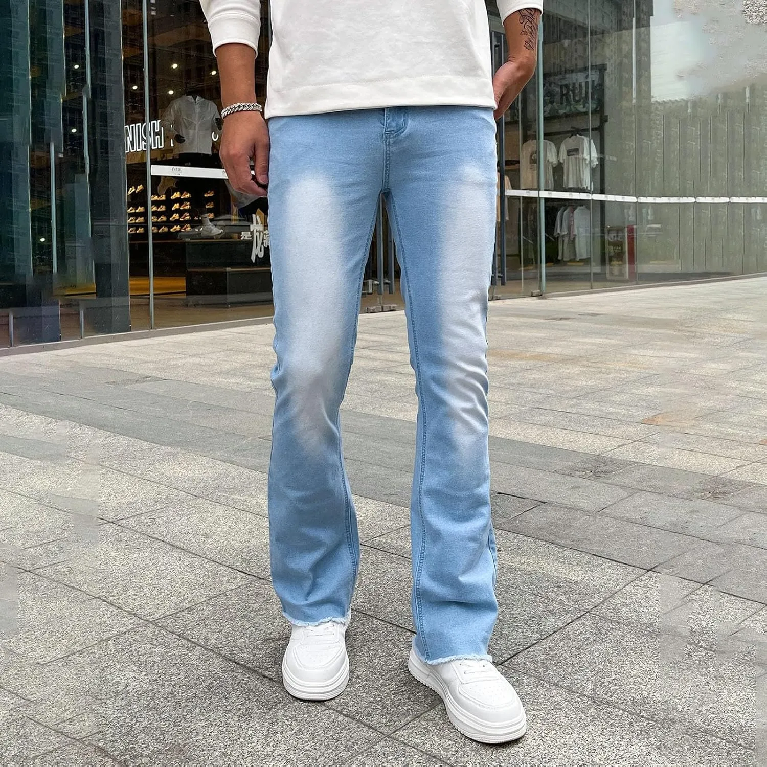 Mens Jeans Stretch Waistband Classic Denim Jeans Comfortable Flexible Pants Relaxed Wide Leg Denim Trouser Streetwear